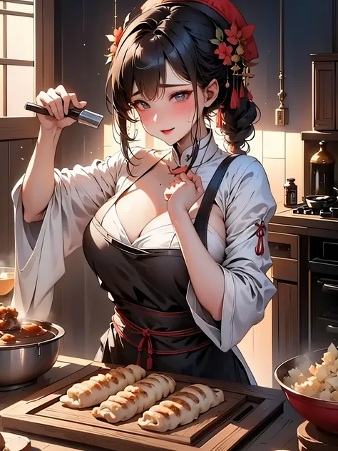 (top-quality、4k、hight resolution、masterpiece:1.2) 、ultra-detailliert、realisitic:1.37、portlate、Traditional colors、Soft lighting、gourmet cooking、Delicious aroma、Colorful ingredients、The filling is wrapped in the gyoza skin.、authentic kitchen、Professional Ch...