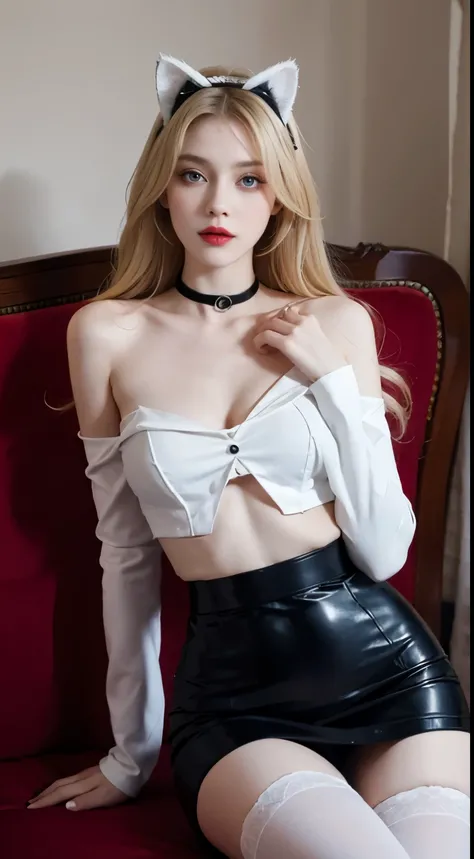 1 European and American vampire beauties:Imperial sister，domineering side leak，enchanting，Beauty model，，being thin，Skin is snow-white and smooth，curlies，combed blonde hair，The legs are slender，Wear black stockings on the legs，Penetrating white shirt(Short ...