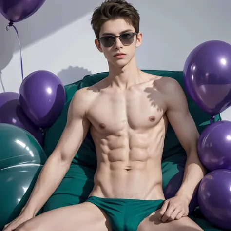 14-year-old boy, lying on big violet balloons, blowing big green balloons, wearing small violet speedos, shirtless, abs, thin body, slim body, handsome, young boy, youthful, boyish, cute, black military sunglasses, rayban aviators, photography, realistic, ...