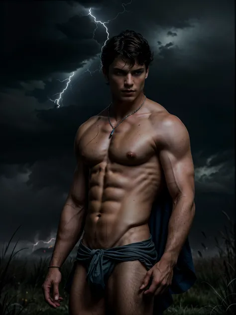 ((masterpiece)),((best quality)),8k, high detailed, ultra-detailed, Stylish Pose, real skin texture, dark cinematic lighting, 24 year-old Italian male model, handsome Italian, cute looking, divine look, powerful light blue eyes, Zeus god, god of thunder, J...