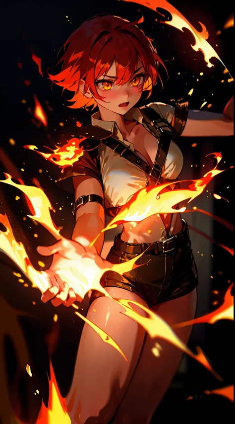 ((masterpiece)), best quality, 8k, high quality, high resolution, super detailed, ultra detailed, photorealistic, fiery and finely detailed face and eyes, ultra detailed and detailed skin texture, fiery eyes, perfect face, 1 girl, blazing red short hair, (...