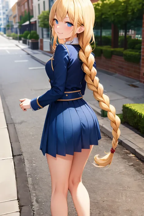 ((best quality)), ((masterpiece)), (detailed), perfect face, 1girl, blonde hair, extremely long braid, blue uniform, blue skirt, blue eyes, sidewalk, looking back at viewer smiling