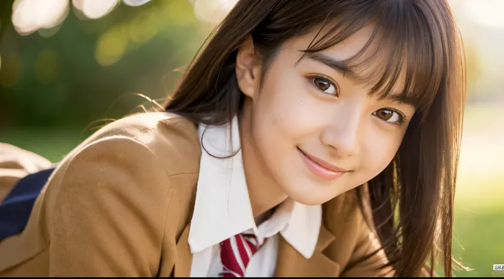 (masterpiece, best quality:1.4), (8k, raw photo, photo realistic:1.2), (shiny skin), detailed skin, detailed face, detailed eyes, 8k portrait, smiling Japanese woman, 16 years old, Brown eyes , (), Brown schoolgirl uniform blazers pleated skirts, Brown Lon...