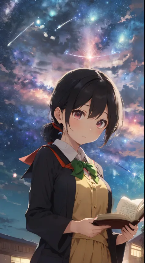 「(Teacher at Magic Academy:1.3)、Young woman with black hair tied up with green ribbon、Wearing a magic robe with green and gold decorations。She is on the roof of the school、Holding an ancient magic book in one hand、With the other hand(Super-celestial magic:...