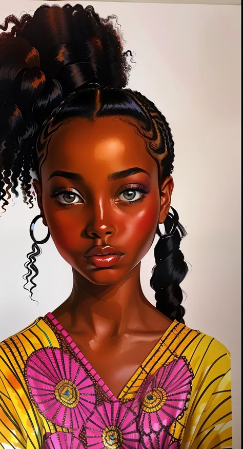 painting of a woman with a curly hair in her hair, inspired by chinwe chukwuogo-roy, young black woman,, black girl, african ame...