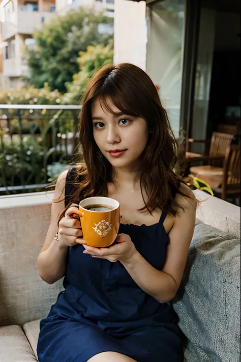 Casual half-body portrait of the short dress brunette orange hair big breasts woman With a cup of coffee in hand, this woman immerses herself in the peaceful ambiance of the balconys blue couch. Shot on kodak gold 400.