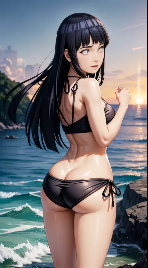 (obra maestra, Vibrante escena de playa:1.2), (hinata:1.5) , (Enjoying a sunny day:1.1), (con un bikini blanco de tanga:1.4), (Well-endowed bust and curvilinear melt:1.4) , (cuerpo proporcional a pesar de su baja estatura:1.1), (Photograph taken from behin...