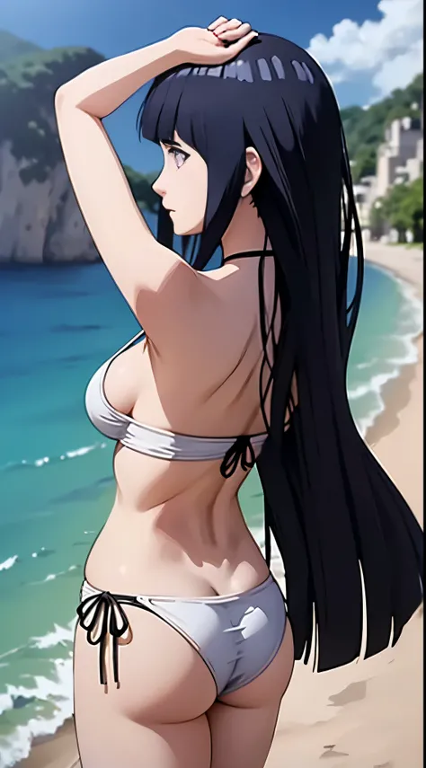 (obra maestra, Vibrante escena de playa:1.2), (hinata:1.5) , (Enjoying a sunny day:1.1), (con un bikini blanco de tanga:1.4), (Well-endowed bust and curvilinear melt:1.4) , (cuerpo proporcional a pesar de su baja estatura:1.1), (Photograph taken from behin...