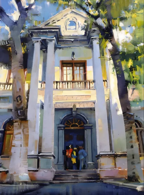 Franco-German architecture with columns and balconies，towering, neoclassical bureau, Very decorative, Neoclassical style, seen from outside, Frontal mid-view, The shadows of the trees are shining, Front view, very gorgeous, oil painted, Professional light ...