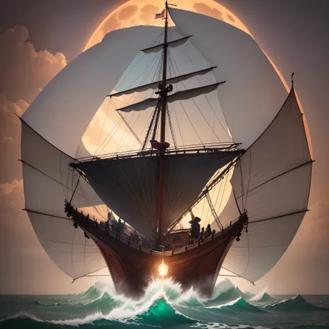 Old pirate sloop with upside down bats as sails, on a midnight ocean close to the shore, lit by the blood moon. --auto --s2