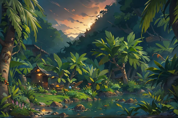 (((tmasterpiece)))，(((Very detailed CG unified 8k wallpaper)))，(((Best quality)))，Depict a tropical rainforest in the style of a children&#39;s illustration，early evening，Quiet atmosphere，