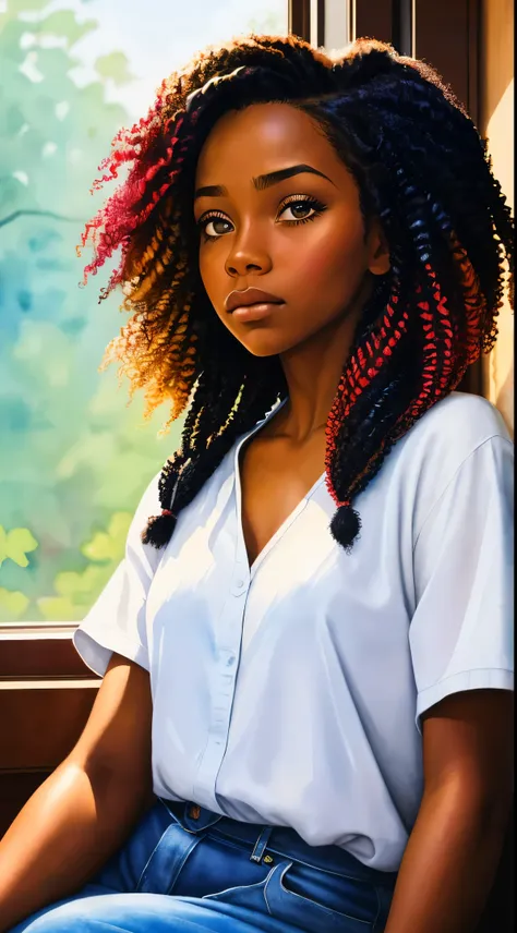 painting of a woman with a curly hair in her hair, inspired by chinwe chukwuogo-roy, pretty black girl, african american girl, b...