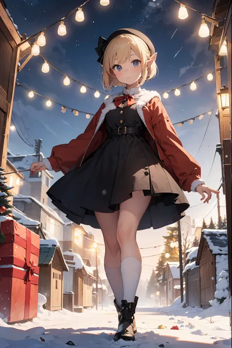 ​masterpiece、hightquality、high-level image quality、Detailed down to the smallest detail、
Little pretty girl、
A character with blonde hair styled in a bob cut and elf-like ears stands in the center of a magical scene. She is wearing a festive Christmas-them...