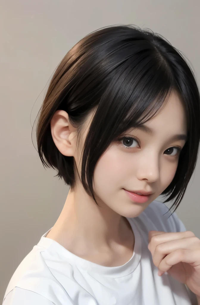 1girll,A very cute girl looked at me and smiled..,Shorthair with black hair,Gentle expression,Accurately drawn face,tre anatomically correct,Precise fingers,White shirt,Fasten all buttons,Portrait wind,simple background,photorealisim,​masterpiece,hiquality...