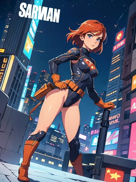 1girl, medium breasts, leotard, bare legs, tight belt, boots, gloves, city backdrop, solo, single, hands on hip, standing, full body shot, cowboy shot, superhero, beautiful detailed eyes, mature lady, star symbol on chest, redhead