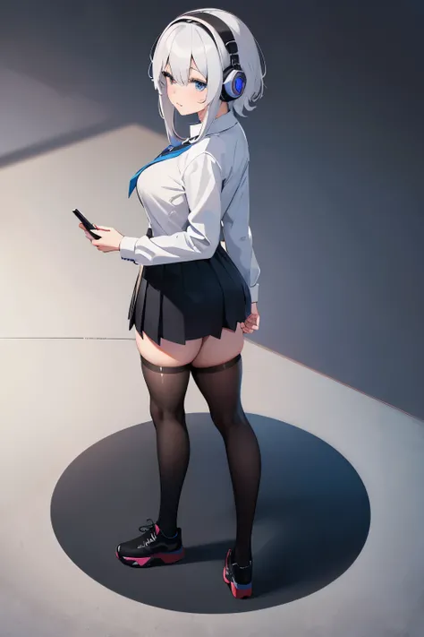 "anime girl, 1 person, silver white hair mixed with black, blue eyes, wearing headphones, female shirt, female school uniform, big breasts, chin in hand, stockings, standing cross-legged, licking lips,chibi,full body ,solo,side view, (full HD 4K+ image)"