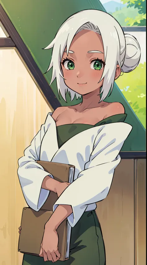 one-girl，plumw，Mabui, short detailed hair, (green-eyed:1.2), White hair, hair-bun, Dark-skinned women,Off-the-shoulder attire，ssmile，looks into camera，