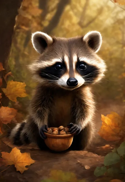 真实感, Painting by Jean-Baptiste Monge of a cute baby Raccoon. , Walks on the road, He carries an acorn in his paws, On a summer autumn day on the river , jean - baptiste monge, anthropomorphic --ar 2:3 --testp -optimistic;