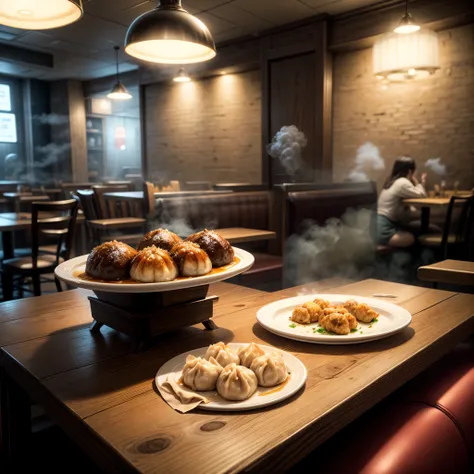 A nice wooden table in a restaurant with a steaming plate of dumplings on it.