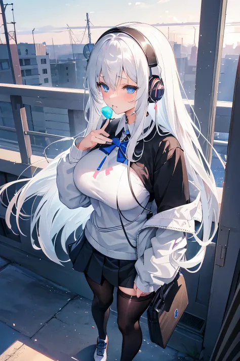 "anime girl, 1 person, silver white hair mixed with black, blue eyes, wearing headphones, female shirt, female school uniform, big breasts, chin in hand, tights, standing cross-legged, licking lips,chibi,full body ,solo,side view, (full HD 4K+ image)"