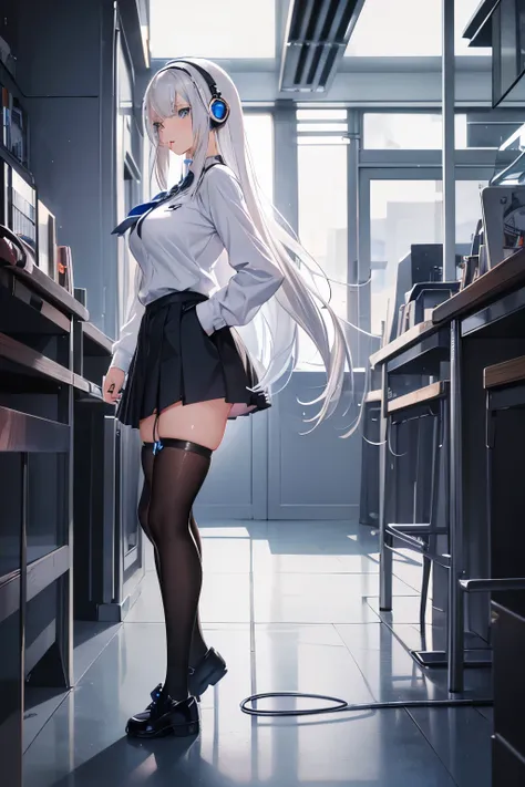 "anime girl, 1 person, silver white hair mixed with black, blue eyes, wearing headphones, female shirt, female school uniform, big breasts, chin in hand, stockings, standing cross-legged, licking lips,chibi,full body ,solo,side view, (full HD 4K+ image)"