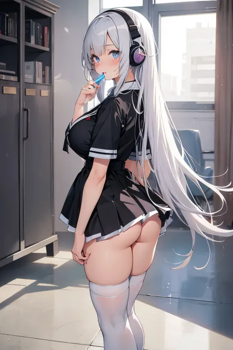 "anime girl, 1 person, silver white hair mixed with black, blue eyes, wearing headphones, female shirt, female school uniform, big breasts, chin in hand, stockings, standing cross-legged, licking lips,chibi,full body ,solo,side view, (full HD 4K+ image)"