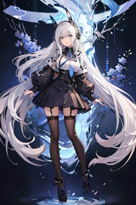 "anime girl, 1 person, silver white hair mixed with black, blue eyes, wearing headphones, female shirt, female school uniform, big breasts, chin in hand, stockings, standing cross-legged, licking lips,chibi,full body ,solo,side view, (full HD 4K+ image)"