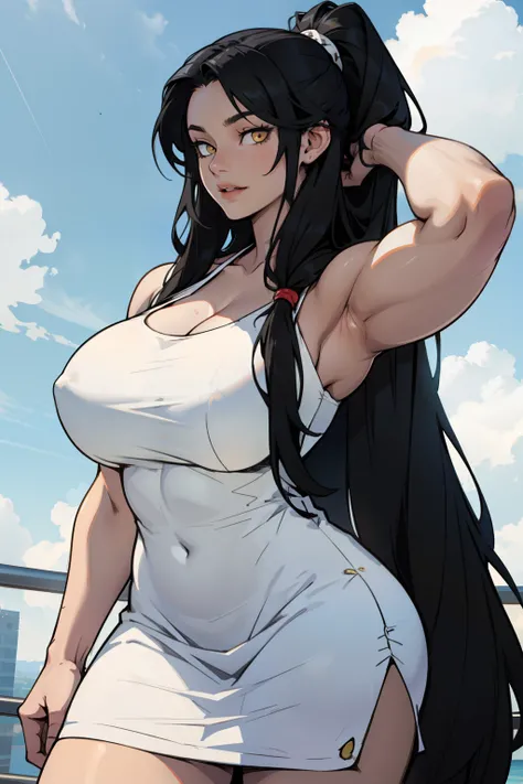 muscular huge breasts thick sunny sky clouds black hair yellow eyes sundress black hair yellow eyes pale skin solo joyful long straight hair long straight hair long straight hair long straight hair long straight hair long straight hair