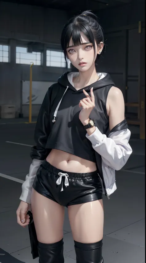 jpn《Naruto》those fruits , black hair color hair, Short hair details, through bangs, Lilac eyes, pony tails, Apply mascara, perfect body figure, perfect pubic bone, Beutiful women, once very beautiful, Wearing a black Nike hoodie, White jogging bottoms, Wea...