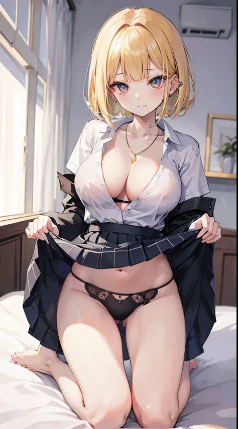 (8K、Top image quality、top-quality、​masterpiece)、A detailed face、1 girl in、a blond、bob cut、blunt bangs、Golden eyes、piercings、evil smile、large full breasts、((Unbuttoned school uniform))、(black bra)、a necklace、Black Mini Pleated Skirt、((skirt lift))、(black pa...