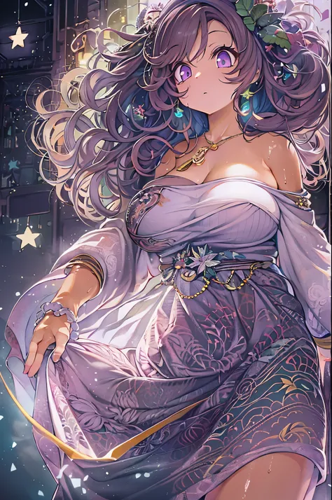 Detailed background, masutepiece, Best Quality, 1 person , Curly hair, Long hair, Purple eyes, Stars in the eyes , Strapless blouse, long  skirt、huge-breasted,bbw