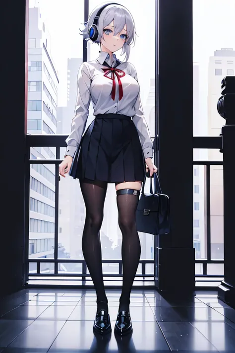 "anime girl, 1 person, silver white hair mixed with black, blue eyes, wearing headphones, female shirt, female school uniform, big breasts, chin in hand, tights, standing cross-legged, licking lips,chibi,full body ,solo,side view, (full HD 4K+ image)"