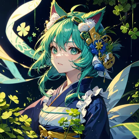 Green clover、blue hair cat ears、Wear detailed goggles on your head、Japan traditional priestess costume、details high quality、hiquality