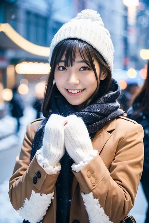 (A close-up of one girl is、I have long hair with dull bangs in a winter uniform and scarf coat:1.5)、(One girl with a shy smile、Holding a gift box with gloves in hand:1.5)、(Snowy winter night street corner with Christmas lights:1.5)、(Perfect Anatomy:1.3)、(N...