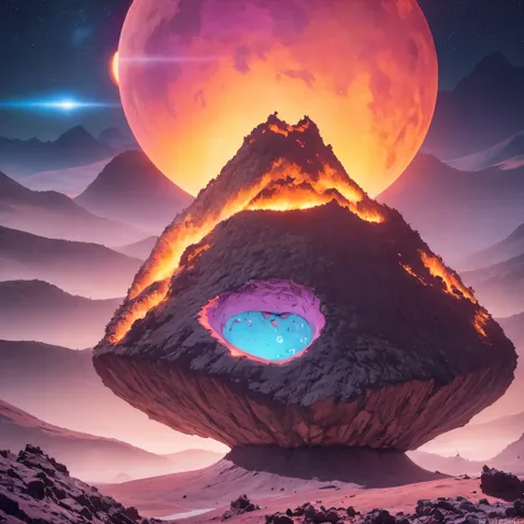 Light orange style，Purple pink series，Alien Hexagonal Base (Nipples are very delicate) In a hexagonal mountain oasis，There are several hexagonal exhaust fans and chimneys, some neon lights project from the base，Light up the night), There are some clouds in...