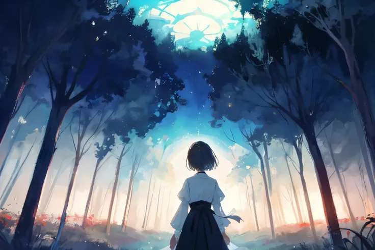 Create exquisite illustrations reminiscent of Makoto Shinkais style, It has ultra-fine details and top-notch quality. Generate a high-quality illustration featuring a young girl standing before a path lined with apparitions, offering a slightly eerie yet o...