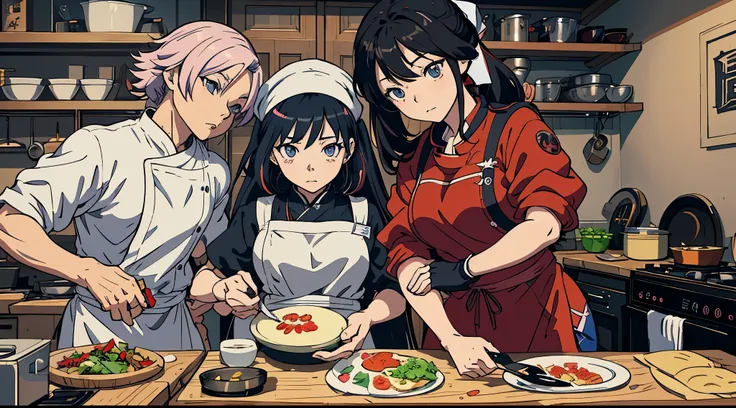 anime characters in the kitchen，there are plates and knives inside, cooking a, cooking a show, anime food, at the kitchen, high-...