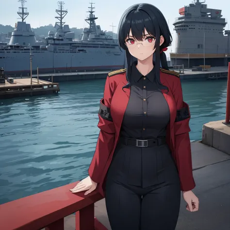 a woman (eye red) in a japanese army uniform in a military naval port