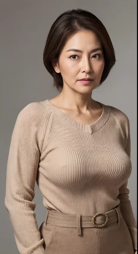 hight resolution, high-level image quality, high detailing, ​masterpiece, Textured skin, tre anatomically correct, sharp, greybackground((japanese mature, 75 years old)), 独奏, ((Wrinkles on the face)), large breasts with good shape, Light brown straight hai...