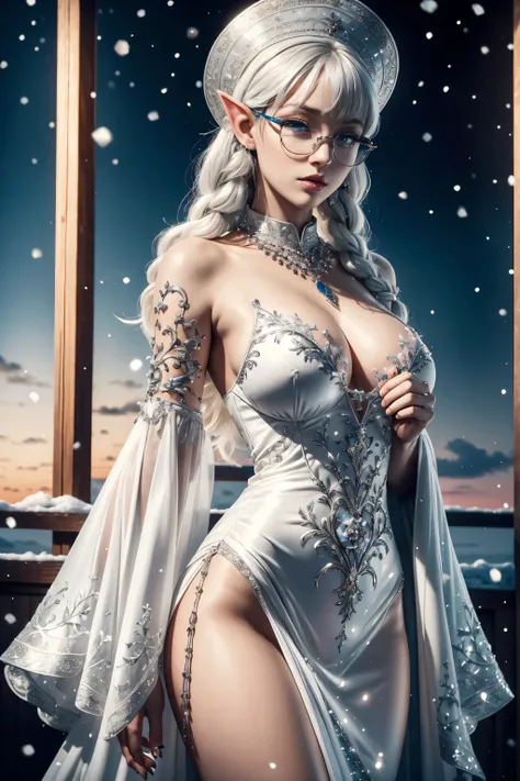 I want to become a strong shadow eater...,Beautiful white silver hair,Medium Shorthair,Braids on the front only,Aligned bangs,Black tabby glasses,,A beautiful Blue eyes,Elven ears,Beautiful white skin,Gothic dresses,Photorealsitic,An ultra-high picture qua...