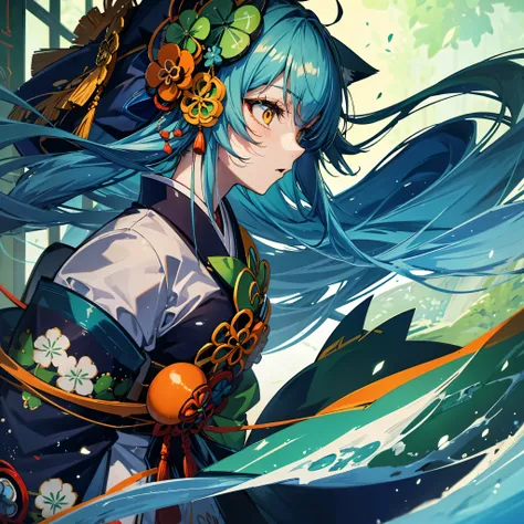 Green clover、blue hair cat ears、Wear detailed goggles on your head、Japan traditional priestess costume、details high quality、hiquality、detailed orange eyes、profile profile、Upper body zoom