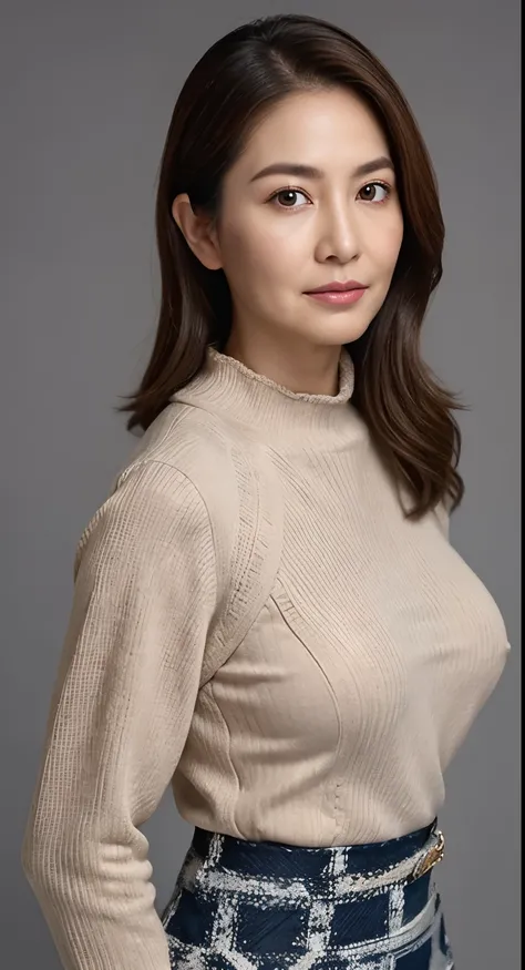 hight resolution, high-level image quality, high detailing, ​masterpiece, Textured skin, tre anatomically correct, sharp, greybackground((japanese mature, 75 years old)), 独奏, ((Wrinkles on the face)), large breasts with good shape, Light brown straight hai...