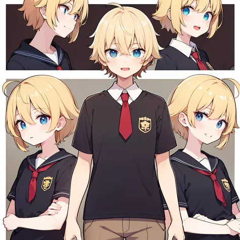 Ultra-thin illustration,animated,1boy, yaoi,school,Guy,ember,male,Short hair,curly hair,Parted bangs,blonde hair,short sleeve,Half Pants,brown pants,Smile,blue eyes,White Skin Skin,white  shirt,red tie,Two back teeth,Hithornfreckles, Ultra-thin illustratio...