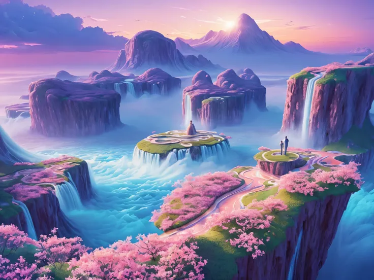 Creative images featuring an otherworldly landscape where floating islands hover in a pastel-colored sky, adorned with cascading waterfalls and exotic flora, invoking a sense of awe and wonder, Artwork, digital painting with a focus on soft gradients and e...