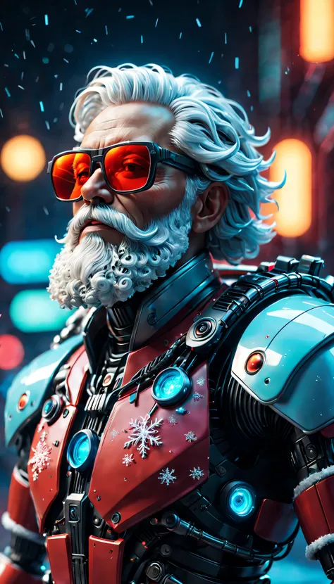 cybernetic santa claus, Robotic arm with intricate details, Futuristic exoskeleton suit, Glowing red sunglasses, Metal beard and hair, Neon lights illuminate the night sky, Pixelated snowflakes falling, ultra - detailed, A high resolution, HighDynamicRange...