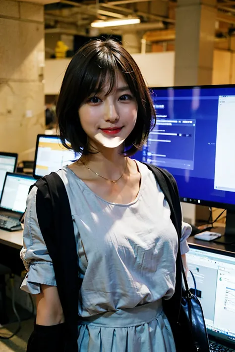 An engineer dressed as a young black-haired woman with a serious expression, The background is a large scientific observatory with a large screen and many staff.、Smile.