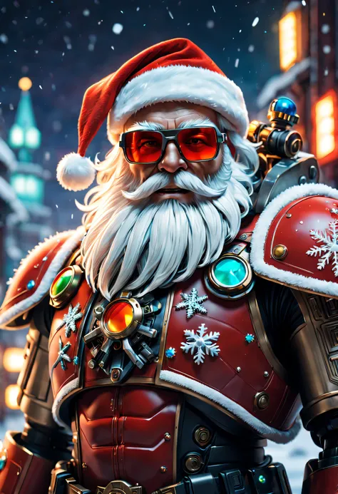 Warhammer 40K universe, cybernetic santa claus, Robotic arm with intricate details, Futuristic exoskeleton suit, Glowing red sunglasses, put on santa hat,Metal beard and hair, Neon lights illuminate the night sky, Pixelated snowflakes falling, ultra - deta...