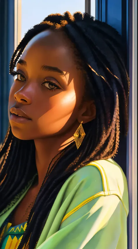 a woman with a long hair, inspired by Chinwe Chukwuogo-Roy, beautiful black girl, pretty african american girl, pretty black teenage girl, sitting near a window, natural_light, watercolor portrait, trending on artstration, highly detailed, 8k, uhd