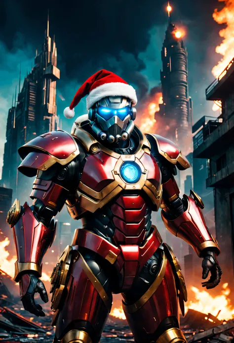 cybernetic santa claus，Red gold armor mechanical suit，Shining blue eyeierce war environment，Destroyed buildings and flames，The background is a futuristic cityscape，Equipped with laser gun and shield，Radar and targeting integrated into Santa hat，severe and ...