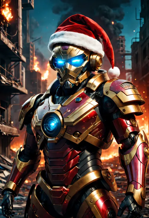 cybernetic santa claus，Red gold armor mechanical suit，Shining blue eyeierce war environment，Destroyed buildings and flames，The background is a futuristic cityscape，Equipped with laser gun and shield，Radar and targeting integrated into Santa hat，severe and ...